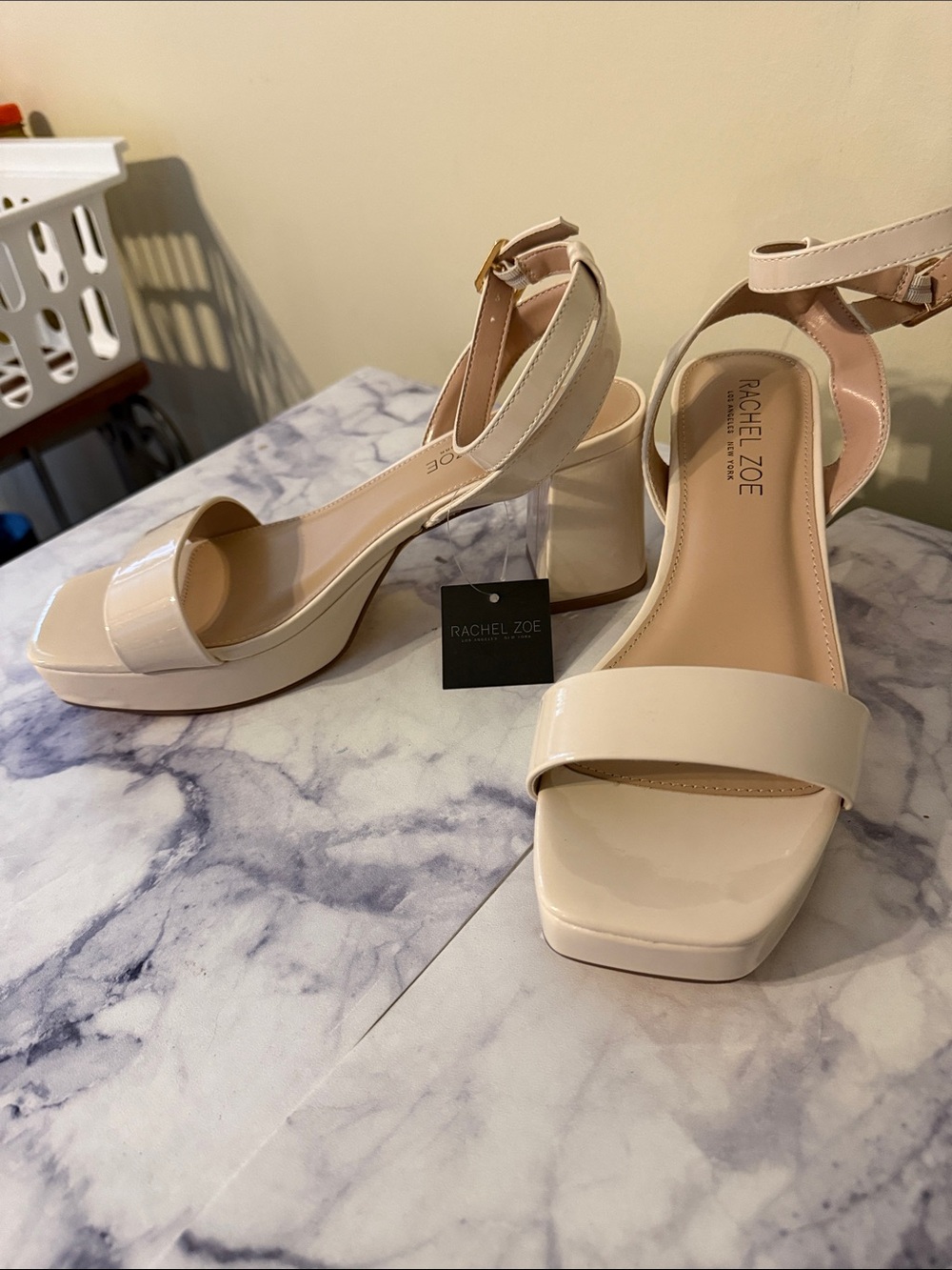 Rachel Zoe Beige Patent Block Heel Sandals with Ankle Strap